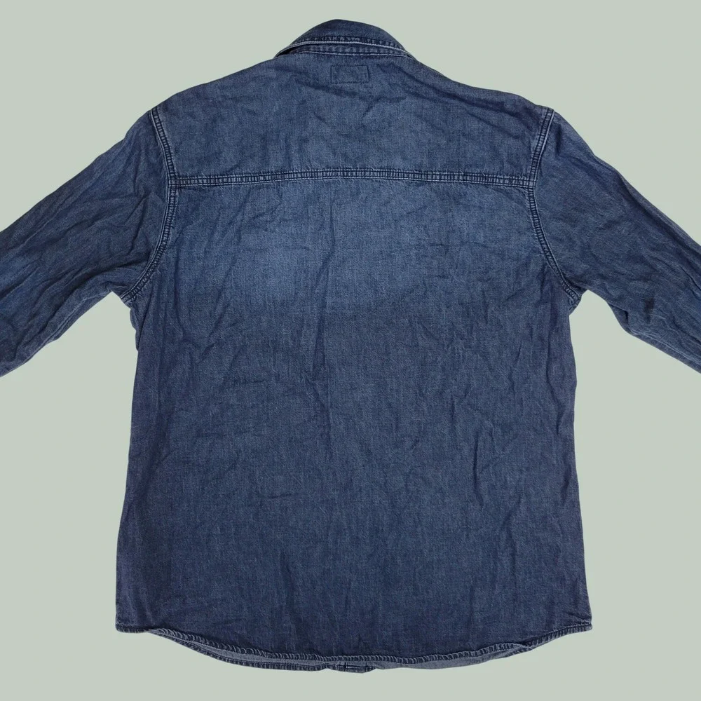 True Religion Mens XL Denim‎ Western Button Down Shirt Blue Horseshoe Logo